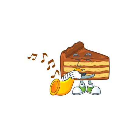 A brilliant musician of chocolate slice cake cartoon character playing a trumpet. Vector illustrationのイラスト素材
