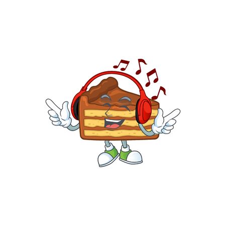 Cartoon mascot design chocolate slice cake enjoying music with headset. Vector illustrationのイラスト素材
