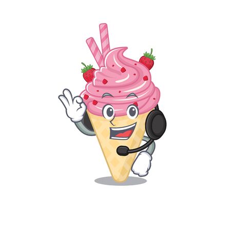 A gorgeous strawberry ice cream mascot character concept wearing headphone. Vector illustrationのイラスト素材
