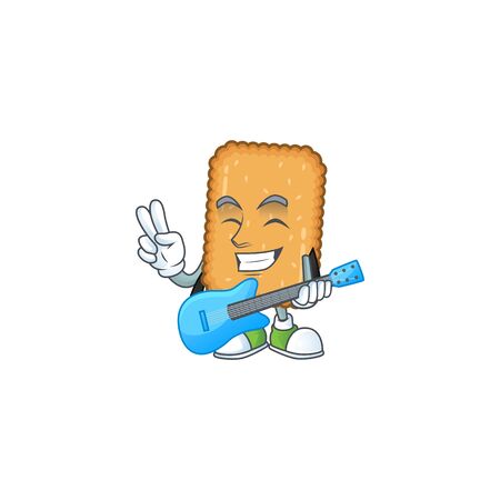 Happy face of biscuit cartoon plays music with a guitar. Vector illustrationのイラスト素材