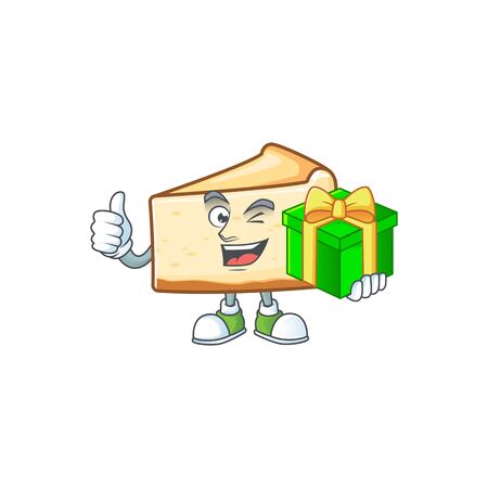 Smiley cheese cake cartoon character holding a gift box. Vector illustrationのイラスト素材