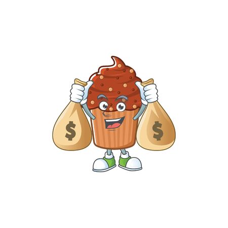Blissful rich chocolate cupcake cartoon character having money bags. Vector illustrationのイラスト素材