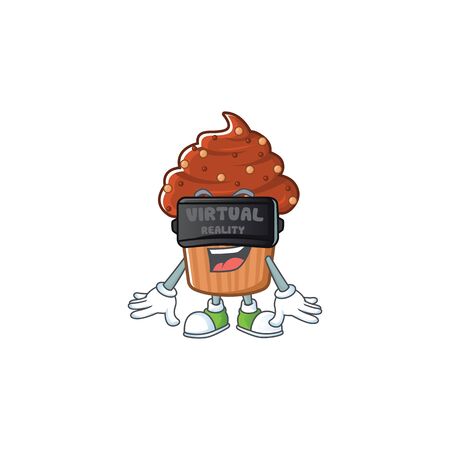 A cartoon mascot of chocolate cupcake enjoying game with Virtual reality headset. Vector illustrationのイラスト素材