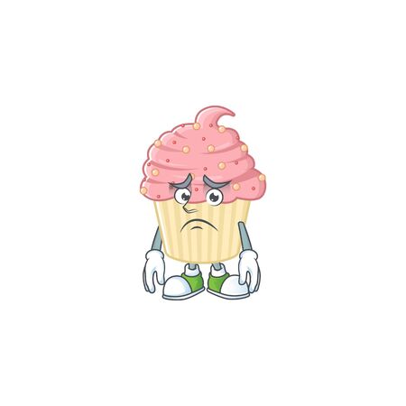 Cartoon picture of strawberry cupcake with worried face. Vector illustrationのイラスト素材