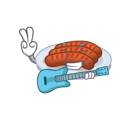 Talented musician of grilled sausage cartoon design playing a guitarのイラスト素材
