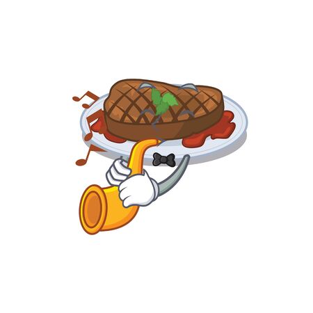 Talented musician of grilled steak cartoon design playing a trumpet. Vector illustrationのイラスト素材