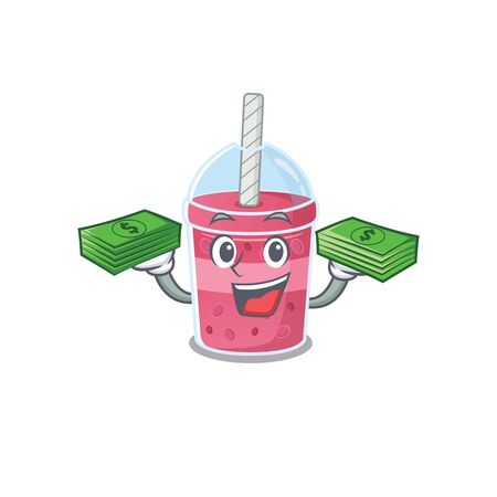 A wealthy strawberry bubble tea cartoon character having money on hands. Vector illustrationのイラスト素材
