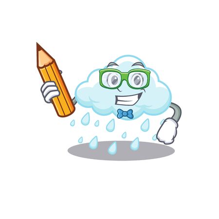 A brainy student cloudy rainy cartoon character with pencil and glassesのイラスト素材