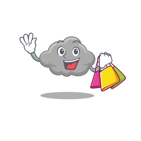 Rich and famous grey cloud cartoon character holding shopping bags. Vector illustrationのイラスト素材