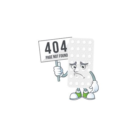 Sad face of pills cartoon character raised up 404 boards. Vector illustrationのイラスト素材