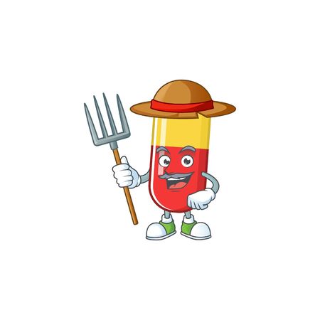 Mascot design style of Farmer red yellow capsules with hat and pitchfork. Vector illustrationのイラスト素材