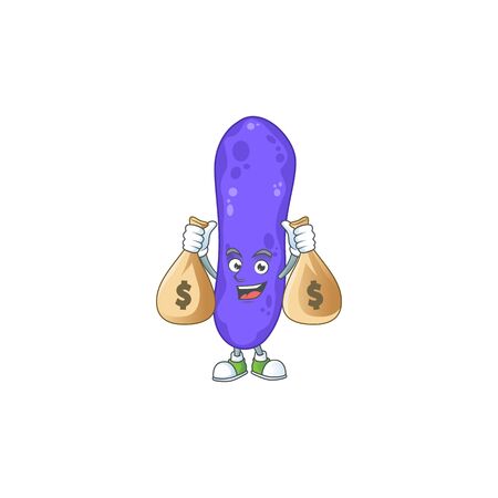 Blissful rich escherichia coli cartoon character having money bags. illustrationのイラスト素材