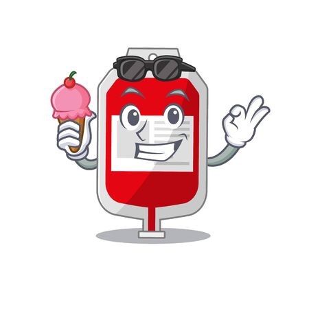 A cartoon drawing of blood plastic bag holding cone ice creamのイラスト素材