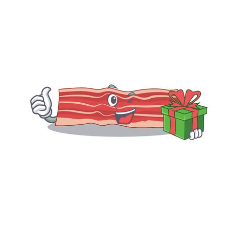 joyful bacon cartoon character with a big gift boxのイラスト素材