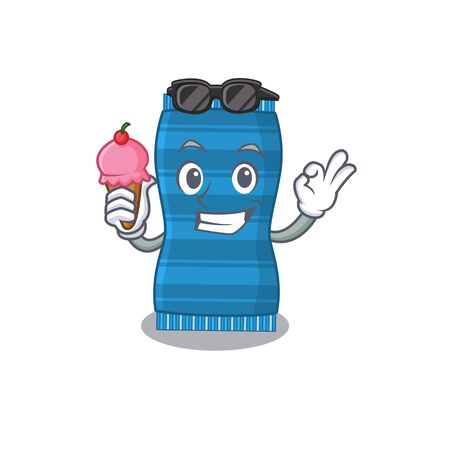 A cartoon drawing of beach towel holding cone ice cream. Vector illustrationのイラスト素材