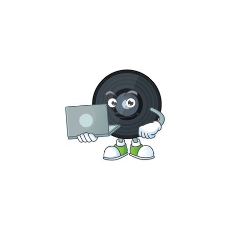 Diligent music viynl disc cartoon drawing concept working from home with laptop. Vector illustrationのイラスト素材