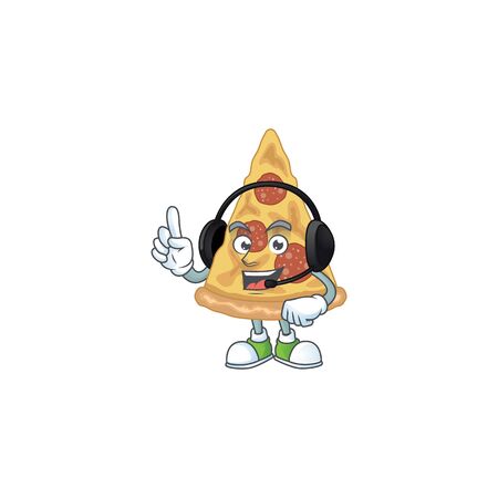 Slice of pizza cartoon character style speaking with friends on headphone. Vector illustrationのイラスト素材