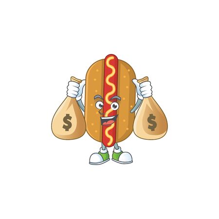 A humble rich hotdog caricature character design with money bagsのイラスト素材