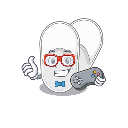 Mascot design style of hotel slippers gamer playing with controllerのイラスト素材