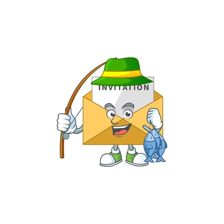 A Caricature picture of invitation message fisher succeed catch a fish. Vector illustrationのイラスト素材
