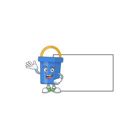 A caricature drawing of blue sand bucket with board. Vector illustrationのイラスト素材