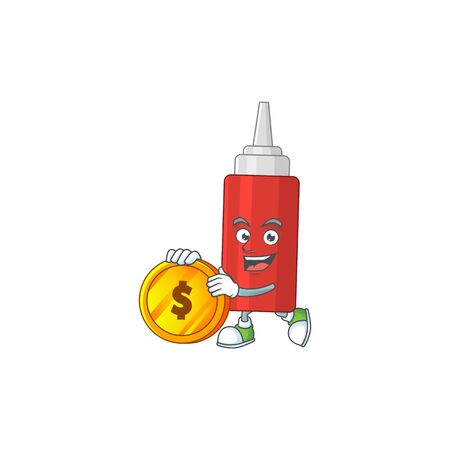 cartoon picture of sauce bottle rich character with a big gold coin. Vector illustrationのイラスト素材