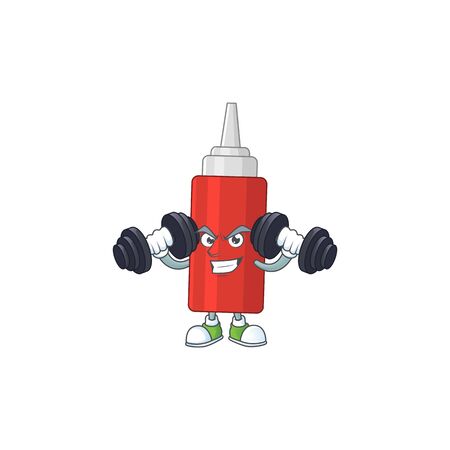 Caricature picture of sauce bottle exercising with barbells on gym. Vector illustrationのイラスト素材