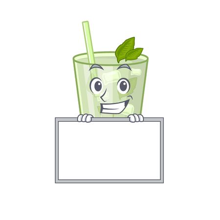 Mojito lemon cocktail cartoon design style standing behind a boardのイラスト素材