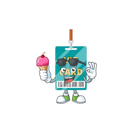 Happy face of VIP pass card cartoon mascot having an ice cream. Vector illustrationのイラスト素材