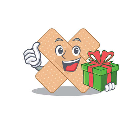 Cross bandage cartoon character concept with a big gift box. Vector illustrationのイラスト素材