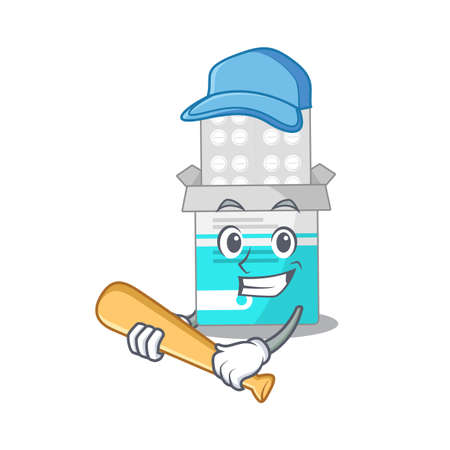 Cool medical medicine tablet caricature picture design playing baseball. Vector illustrationのイラスト素材