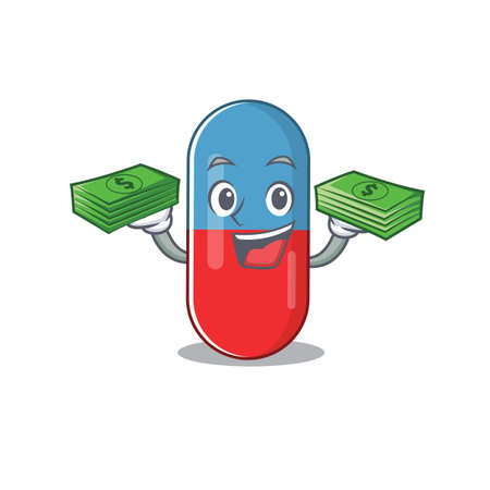 A wealthy pills drug cartoon character having much money on handsのイラスト素材
