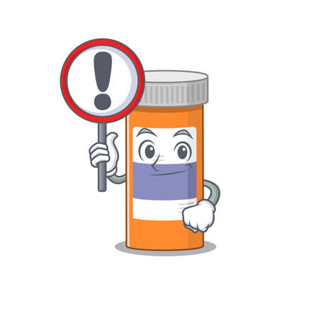 A cartoon icon of pills drug bottle with a exclamation sign boardのイラスト素材