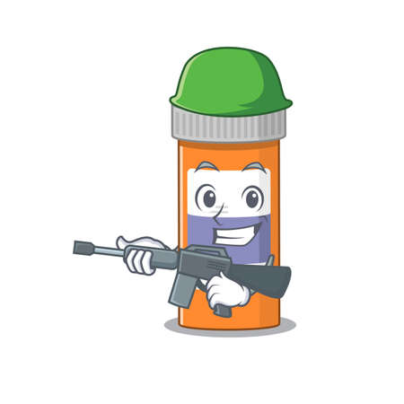 A charming army pills drug bottle cartoon picture style having a machine gunのイラスト素材