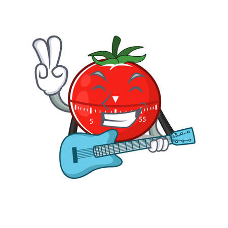 Tomato kitchen timer musician cartoon design playing a guitarのイラスト素材