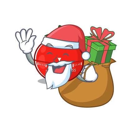 Cartoon design of tomato kitchen timer Santa having Christmas giftのイラスト素材