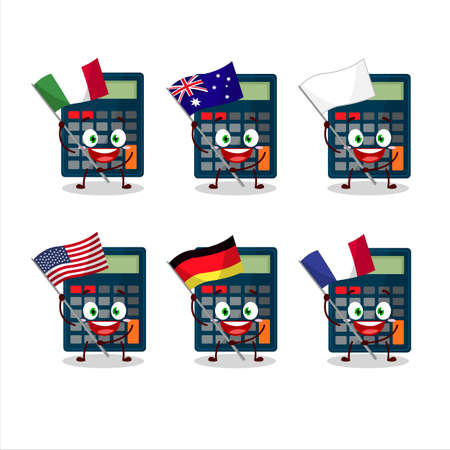 Calculator cartoon character bring the flags of various countriesのイラスト素材