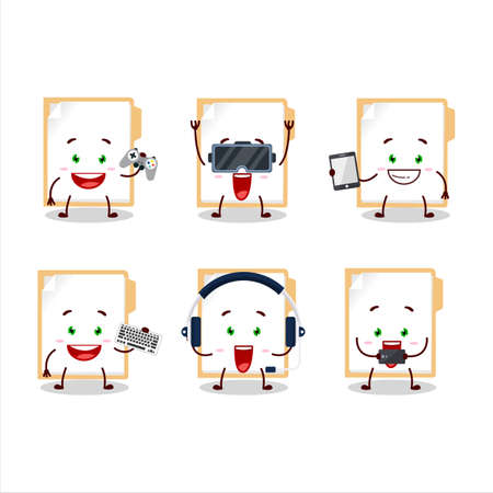 Brown manila folder cartoon character are playing games with various cute emoticonsのイラスト素材