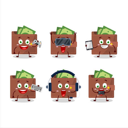 Brown wallet cartoon character are playing games with various cute emoticonsのイラスト素材