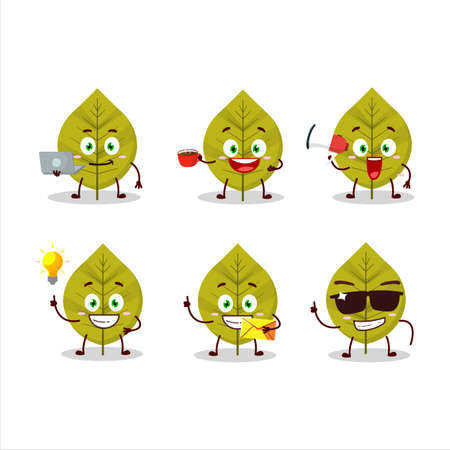 Green leaves cartoon character with various types of business emoticonsのイラスト素材