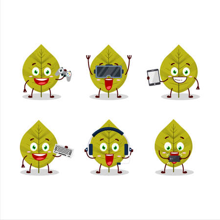 Green leaves cartoon character are playing games with various cute emoticonsのイラスト素材