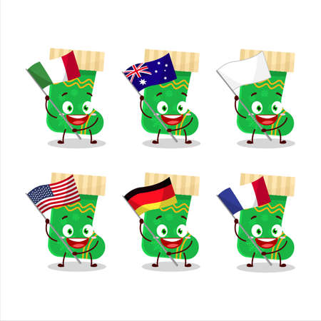 Green christmas socks cartoon character bring the flags of various countriesのイラスト素材