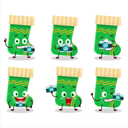 Photographer profession emoticon with green christmas socks cartoon characterのイラスト素材