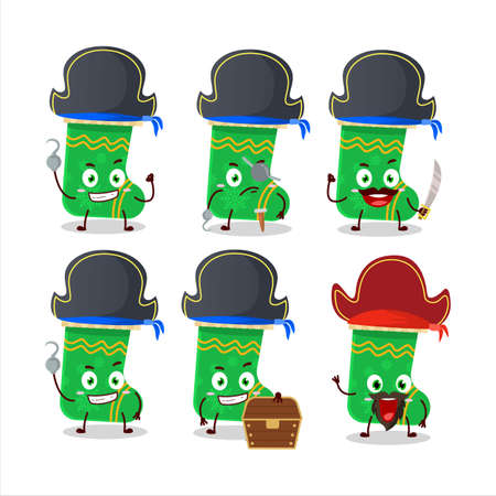 Cartoon character of green christmas socks with various pirates emoticonsのイラスト素材