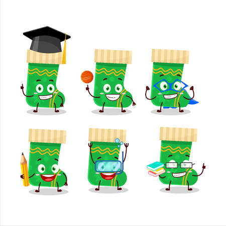 School student of green christmas socks cartoon character with various expressionsのイラスト素材