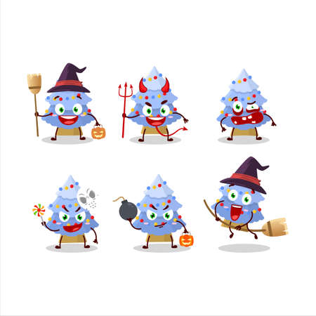 Halloween expression emoticons with cartoon character of blue christmas treeのイラスト素材
