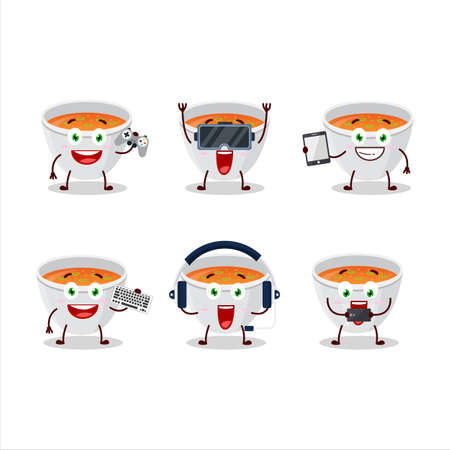 Pumpkin cream soup cartoon character are playing games with various cute emoticonsのイラスト素材