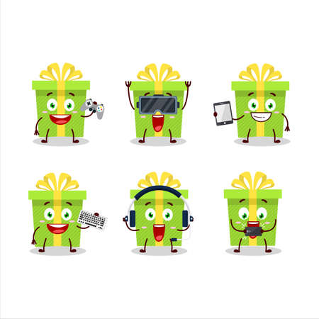 Green christmas gift cartoon character are playing games with various cute emoticonsのイラスト素材