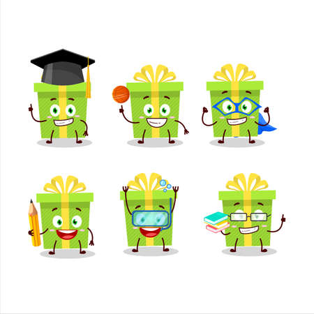 School student of green christmas gift cartoon character with various expressionsのイラスト素材