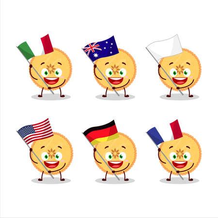 Savory pie cartoon character bring the flags of various countriesのイラスト素材